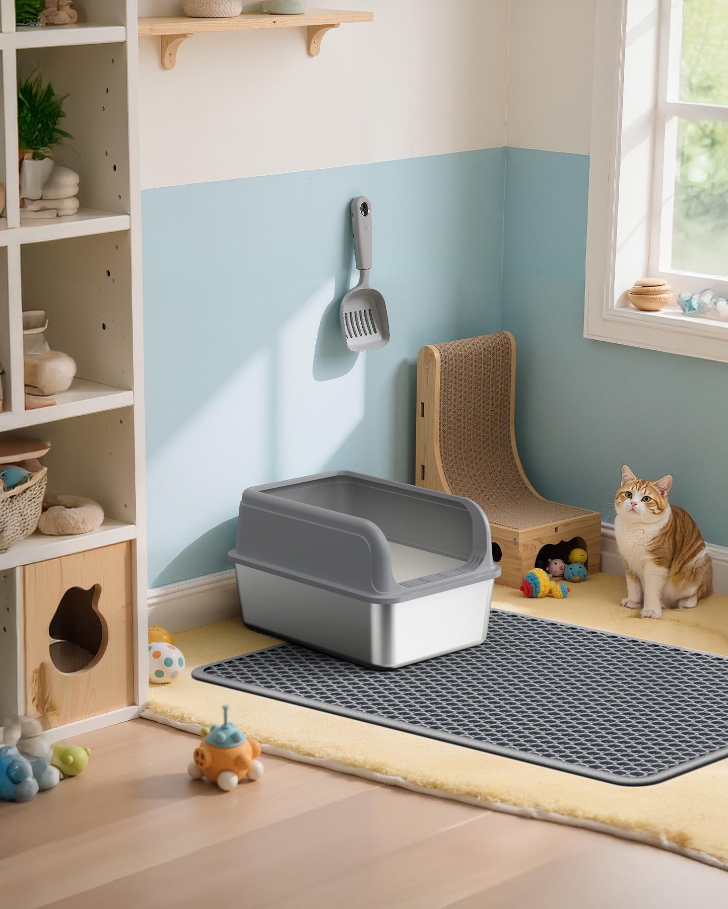 Powools Cat Litter Mat - 23.2" x 14.6" Small Litter Box Mat with Double Layers, Urine-Proof and Non-Slip Litter Trapping Mat, Easy to Clean Kitty Litter Mats for Floor, Scatter Control, Grey