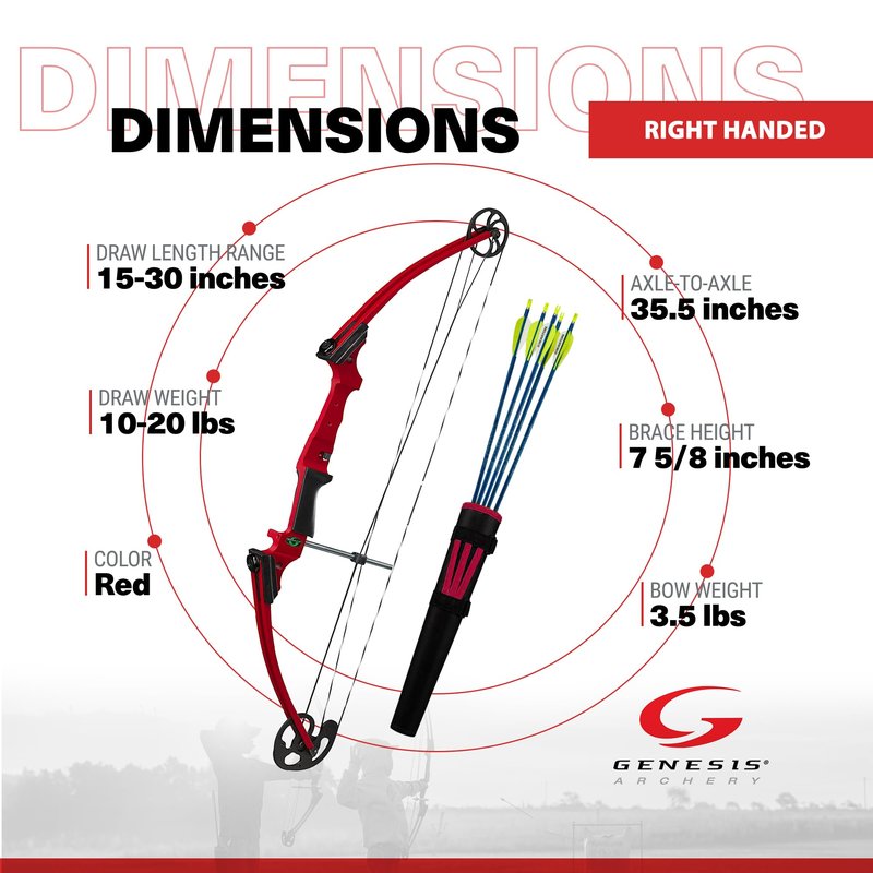 Genesis Original Compound Bow & Arrow Kit- Adjustable Riser, 15"-30" Draw Length, 10-20 lb Draw Weight, All Skill Levels, Draw Hand - Right, Red
