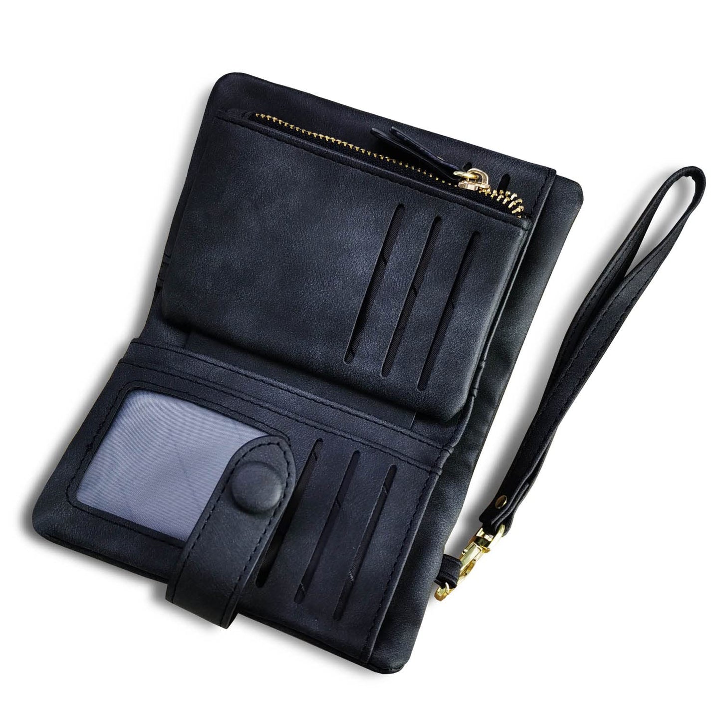 AOXONEL Women's Small Bifold Leather wallet Rfid blocking Ladies Wristlet with Card holder id window Coin Purse (Black)
