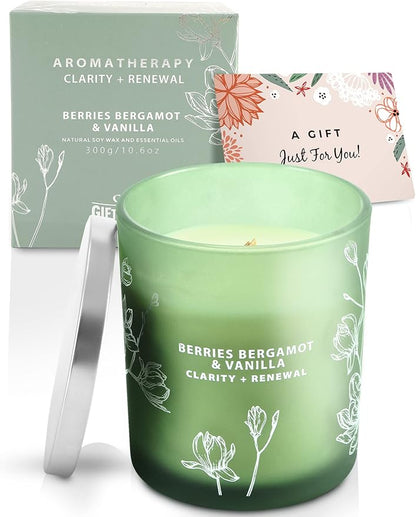 Berries Bergamot & Vanilla Scented Candle - Wood Wick Soy Candle Large 10.6 oz - Strong Throw, Long-Lasting, Clean Burn - Cozy Home Aromatherapy Candle
