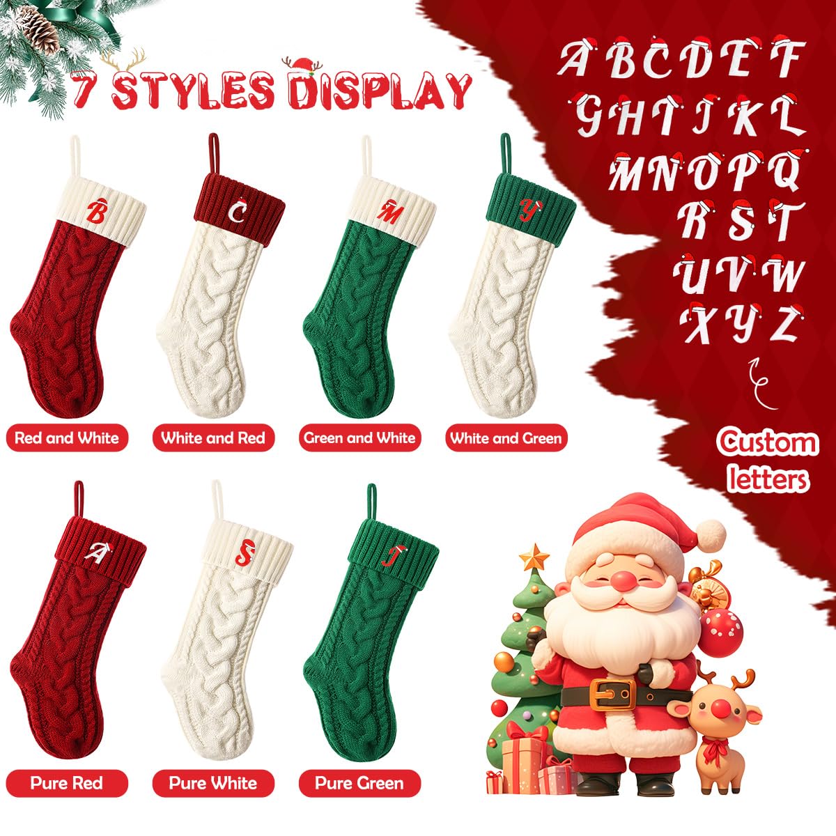Ulico 18’’ Large Christmas Stockings with Initials, Embroidered Monogram Knit Letter Stocking,Xmas Stocking for Kids, Holiday and Family Stocking for Fireplace or Party Decoration,Green White L