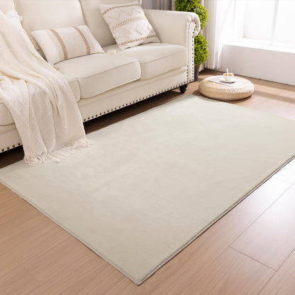 SHACOS Ultra Soft Faux Rabbit Fur Area Rug 3'x5', Non Slip Washable Padded Living Room Rugs, Fluffy Cozy Indoor Modern Carpet for Bedroom Dining Room Kids Room Dorm Home Decor, Beige