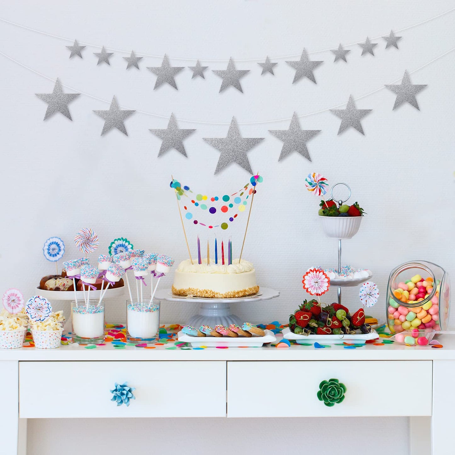 Boao 48 Pieces Silver Stars Shaped Cutouts Silver Cardboard Stars 4 Sizes 6cm/12cm/20cm/30cm Hanging Glitter Garlands with Nylon String for Wedding Birthday Party Graduation Classroom Wall Decor