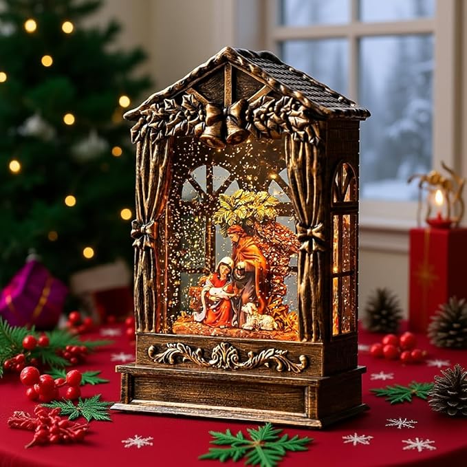Christmas Snow Globe Swirling Glittering Holy Family Manger Scene, USB Lined/Battery Operated Lighted Water Lantern for Christmas Festival Decoration Gifts