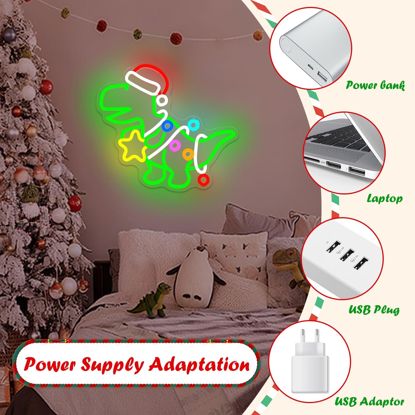 Jeanchrl Christmas Dinosaur Neon Sign Green Dinosaur Ornament LED Sign for Kids Bedroom Dimmable Dino Christmas Light Up Sign for Tree Windows Game Room Unique Neon Wall Art Decorations Gifts for Teens
