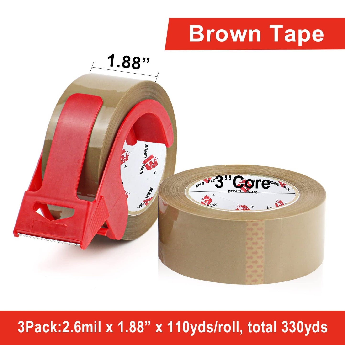 BOMEI PACK Heavy Duty Brown Packing Tape with Dispenser, 2.6 mil, 1.88 inch x 110 Yards (3 Pack), Total 330Y, Brown Tape Refills for Shipping, Mailing, Moving & Storage