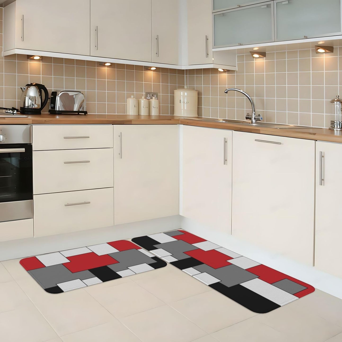 Sovvin Red White Black Grey Geometric Kitchen Rugs Microfiber Floor Mats Geometry Cushioned Carpet Runner Rug for Laundry Bathroom Living Room, 2 Piece Set 17"X 47" + 17"X 30"