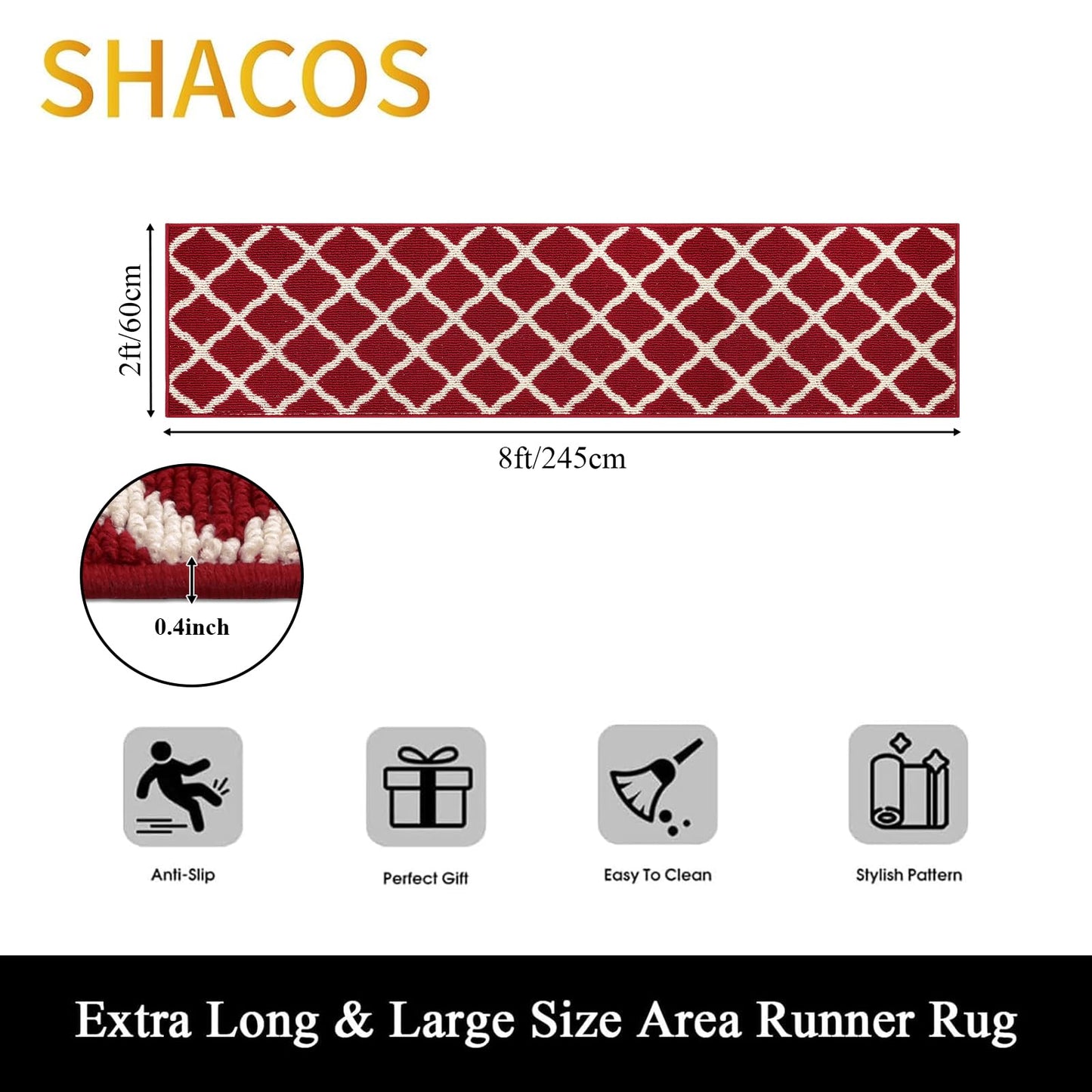 SHACOS Hallway Runner Rug 2x8 ft Washable Christmas Kitchen Runner Rugs Non Slip Rubber Backing Rug Runner Entryway Runner Laundry Room Floor Mat Trellis Carpet Runners, Red