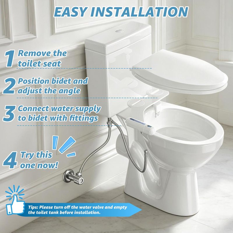 Huttdmel Ultra-Slim Bidet Attachment for Toilet, Non-Electric Dual Nozzle (Rear & Feminine Wash), Adjustable Fresh Cold Water Pressure, Stainless Steel Inlet, Easy to Install(Blue & White)