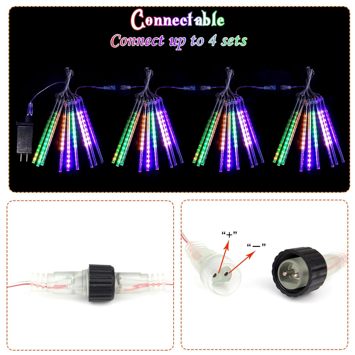 Outdoor Halloween Lights, 2 Pack Extendable Meteor Shower Lights Outdoor Waterproof with Timer, Total 432LED 18 Tubes Cascading String Light Plug in for Garden Halloween Yard (Orange Purple and Green)
