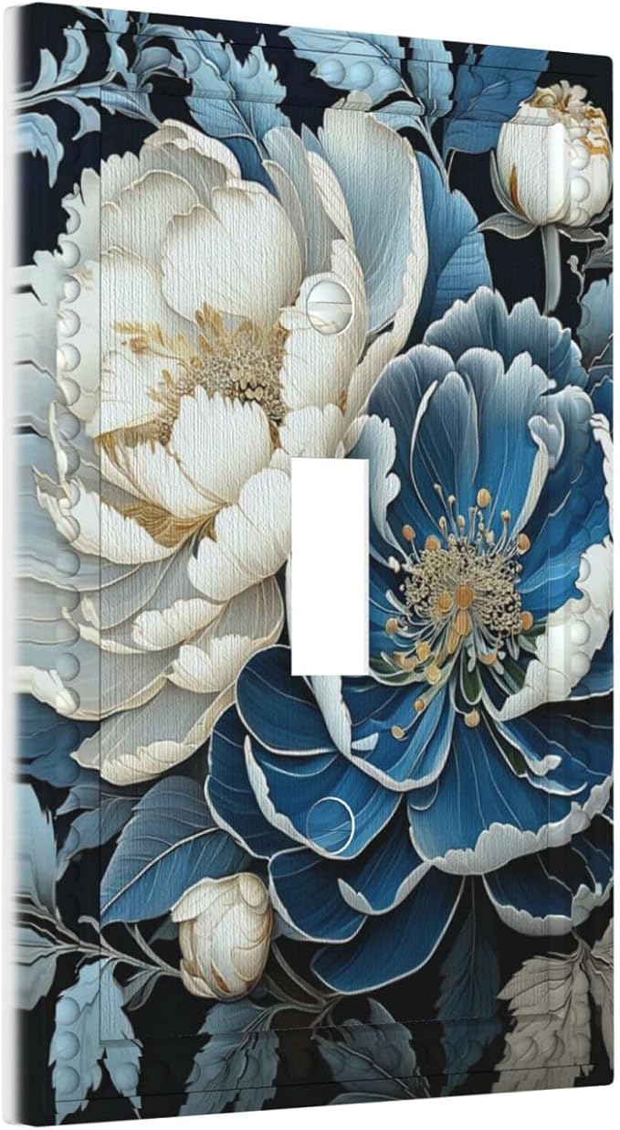 White Blue Flower Peonies Light Switch Covers 1 Gang Single Toggle Wall Plate Decorative Switchcover Electrical Switchplate for Country Living Decor