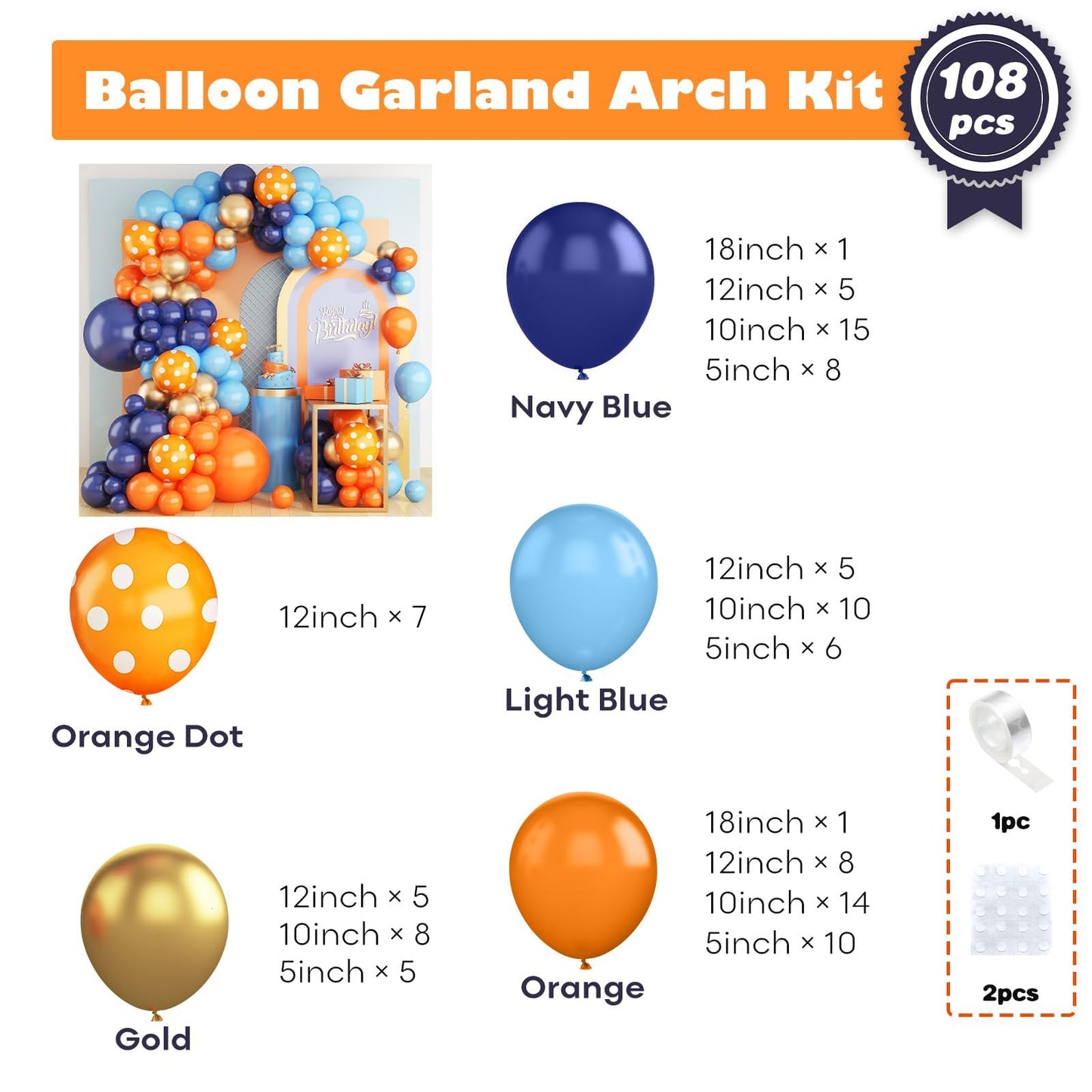 Blue and Orange Balloons Arch Kit, 108 Pcs Navy Blue Balloon Garland Kit with Metallic Gold Orange Dot Latex Balloons for Kids Boys Cartoon Theme Party Baby Shower Boys Birthday Decorations
