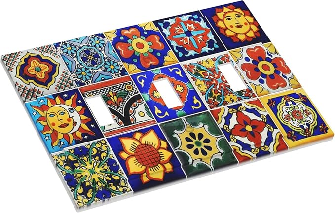 Traditional Colorful Talavera Mexican Spanish Moroccan Tiles 3 Gang Wall Plates Decorative Triple Toggle Light Switch Cover Electrical Switchplate Unused Decorate Faceplate for Bathroom Home