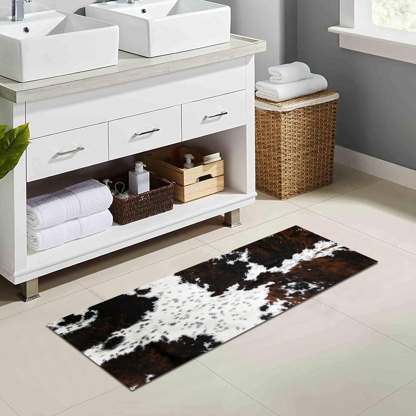 MUGINYU Cowhide Cow Print Bath Mat,Long Western Bathroom Rug for Farmhouse Cowboy Decor,Quick Dry Absorbent Non-Slip Narrow Shower Rug Runner Mats for Bathroom Floor with Rubber Backing