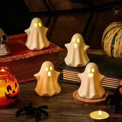 4PCS Ceramic Ghost Light Up Decor, Cute Ghost Halloween Decor, Small White Ghost Figurine Timer Led Ghost Figurines for Desk Tabletop Centerpieces，Halloween Decoration Indoor