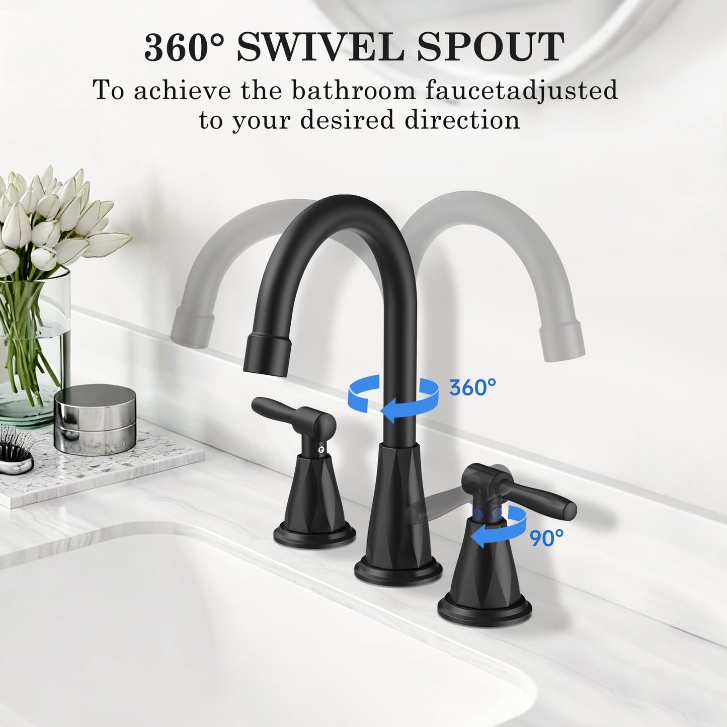 Bathroom Faucets with Filter, Widespread Black Bathroom Sink Faucet for 3 Holes with Pop-up Drain Assembly, Two Handle Vanity Faucet (Contemporary)