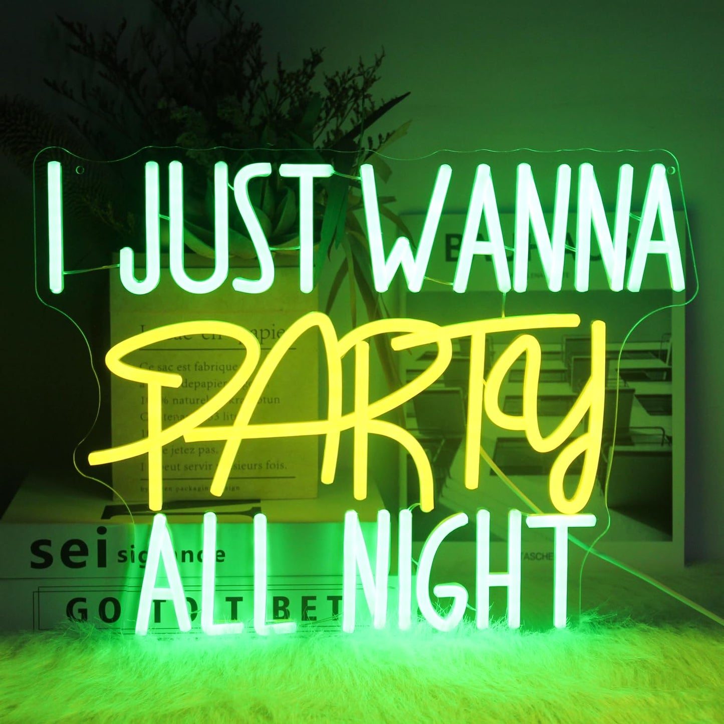 I Just Wanna Party All Night Neon Sign Green Yellow Letter Neon Light Prom Night LED Signs for Wall Dimmable Party Neon Lights Signs for Ball Prom Birthday Bar Decor USB Powered