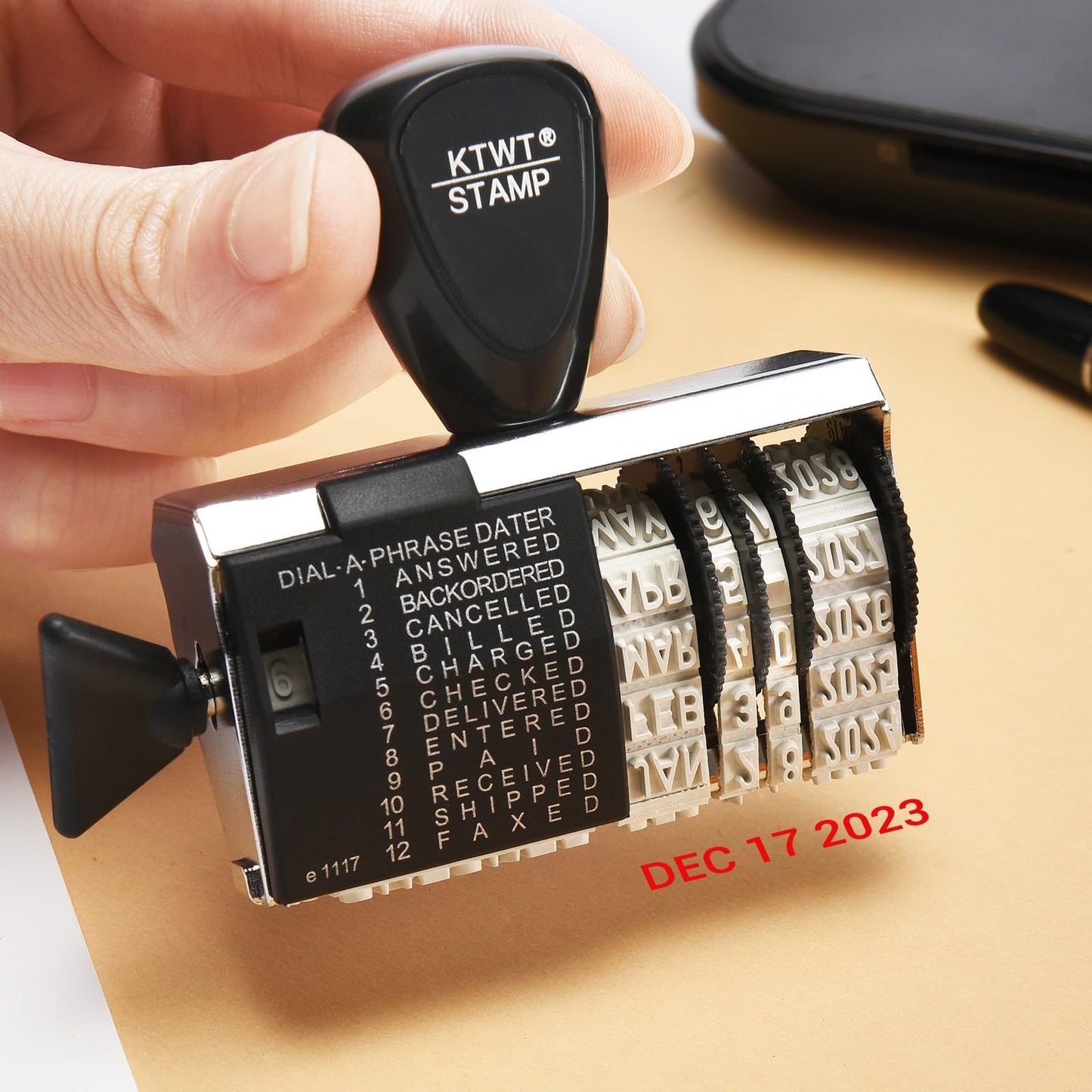 KTWT 12 Phrase Dater Rubber Stamp, 12 Frequently Used Office Messages, Rubber Date Stamp, Month in Letters, Day and Year in Numbers