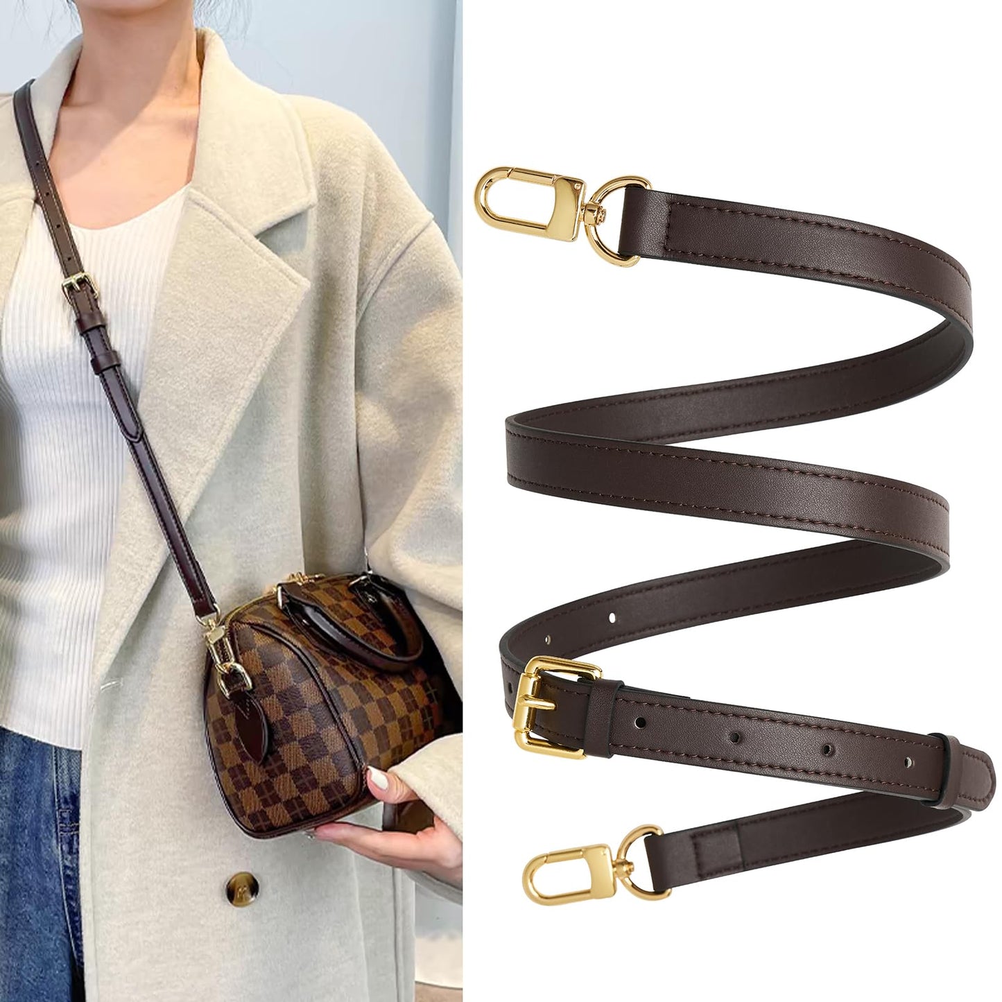 YAZHIMI Vachetta Leather purse strap Genuine Leather Adjustable Replacement Strap for Shoulder Bag Handbag Purse (Coffee-leather crossbody strap)