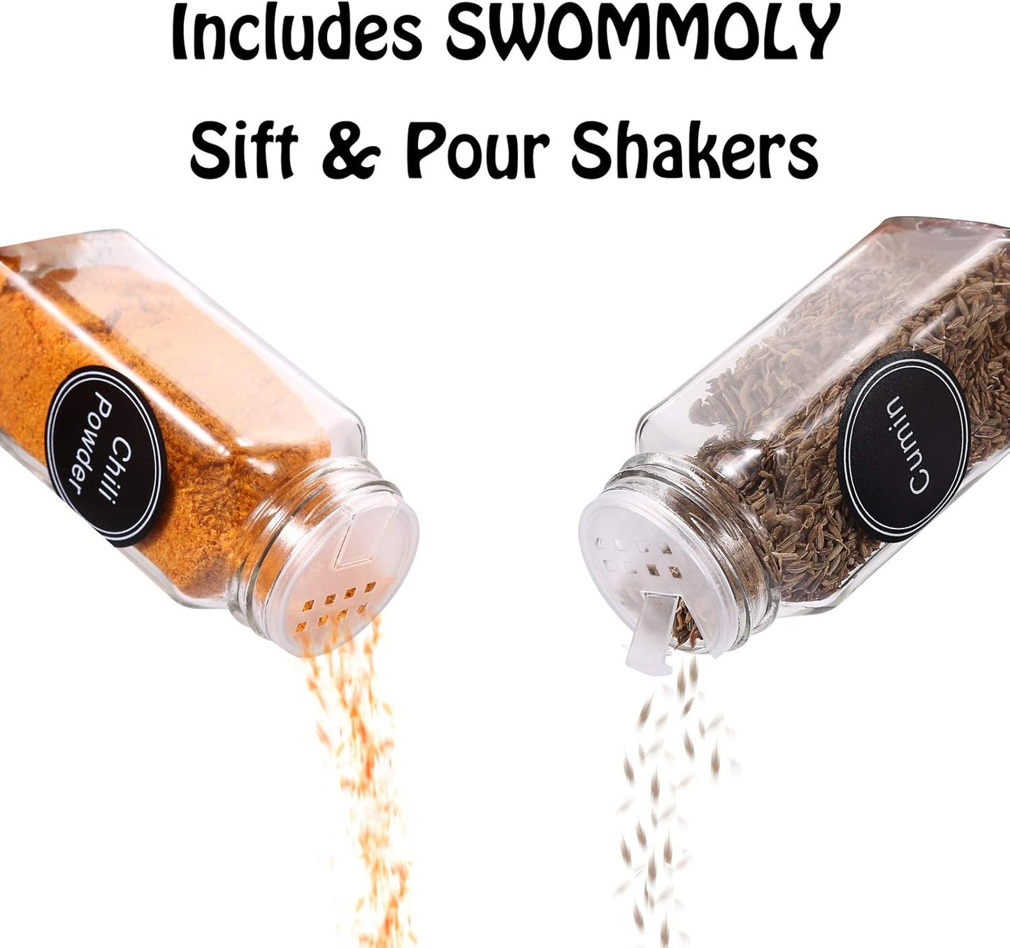 SWOMMOLY 36 Glass Spice Jars with 703 Spice Labels, Empty Square Spice Bottles 4 oz with Pour/Sift Shaker Lid, Airtight Cap, Chalk Marker and Funnel Complete Set