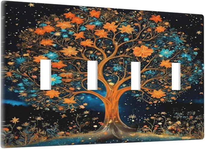 Magical Life Tree in Night Sky Light Switch Covers Quad Toggle 4 Gang Wall Plate Decorative Switchplate Electrical Faceplate for Farmhouse Bathroom Living Decor