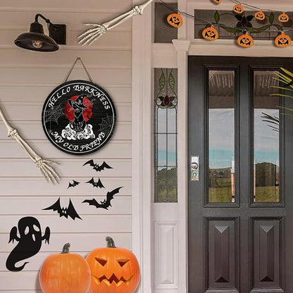 Halloween Black Cat Front Door Signs Hello Darkness My Old Friend Wooden Door Sign Skull Spiderweb Bat Wall Hangers Halloween Door Hanging Decorations for Home Door Porch