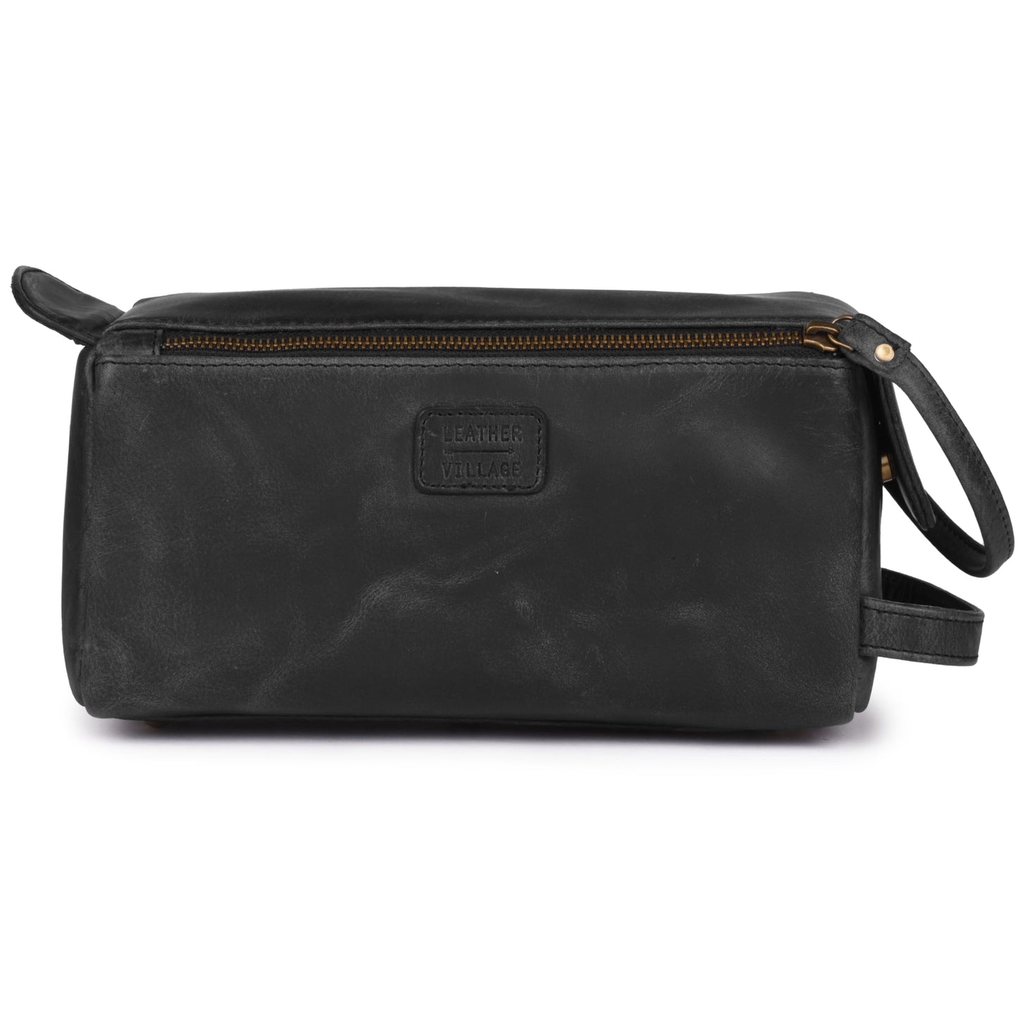 LEATHER VILLAGE Genuine Leather Travel Toiletry Bag - Water-Resistant Dopp Kit for Toiletries, Large Shaving Bag & Bathroom Organizer - Gift for Men & Women - Distressed Black