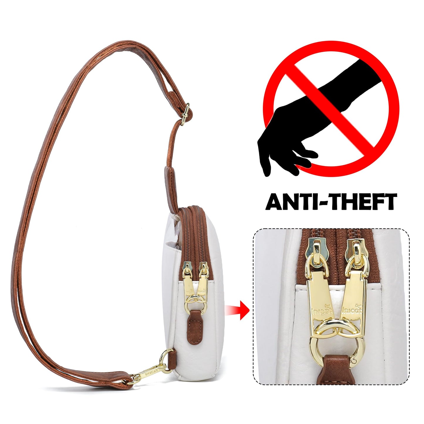 INICAT Sling Bag for Women Touchscreen Small Crossbody Cell Phone Purse Fanny Pack (White Brown Anti Theft)