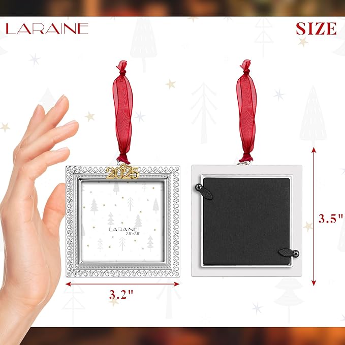 Laraine Christmas Tree Ornaments – Decorative Hanging 2025 Holiday Keepsake Gift Pendant with 2.5” Photo Frame Insert for Picture of Pet (Square Silver (2025))