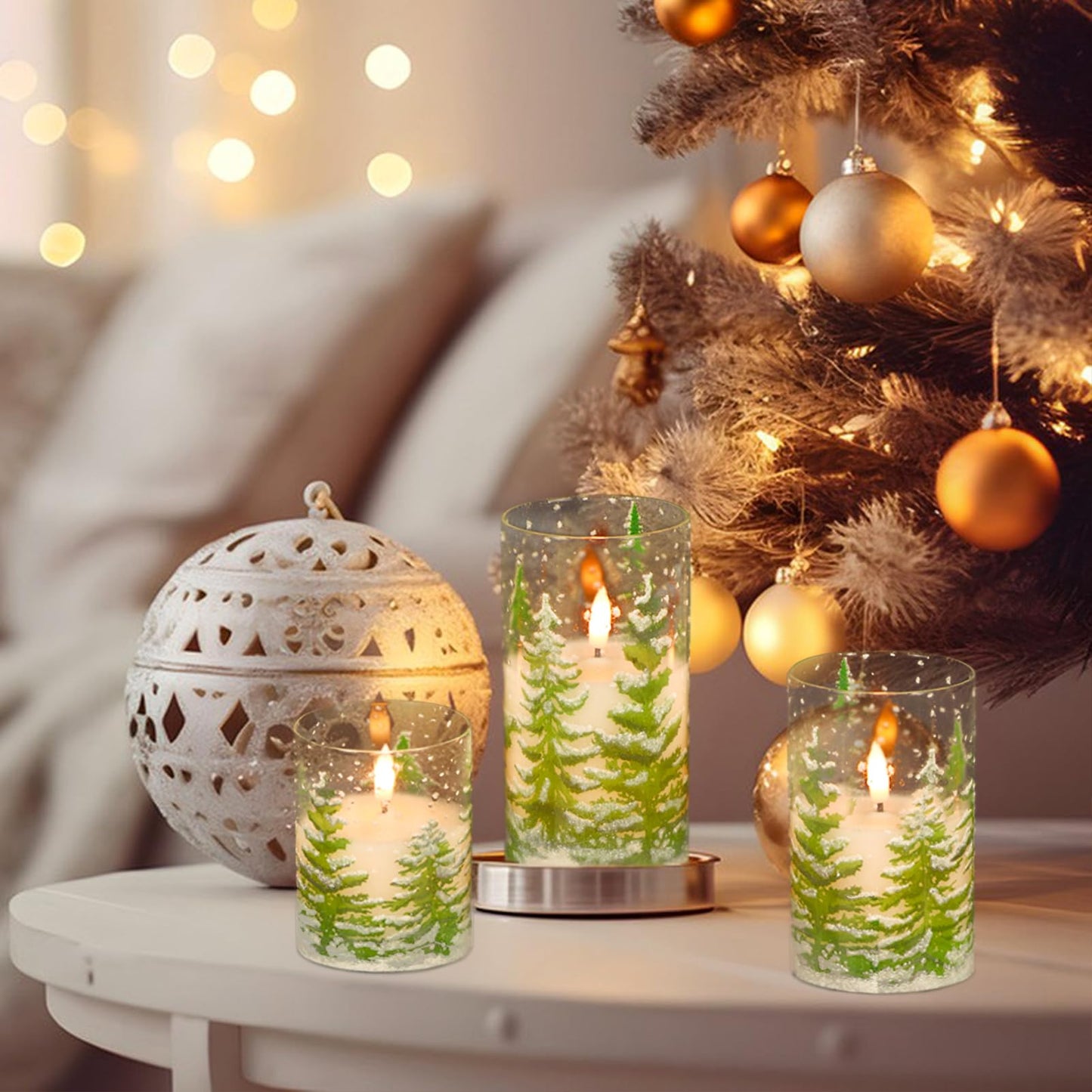 Wondise Christmas Tree Glass Flameless Candles, Battery Operated Flickering Candles with Remote and Timer, Real Wax LED Pillar Christmas Candles for Christmas Holiday Decor D3 x 4",5",6"