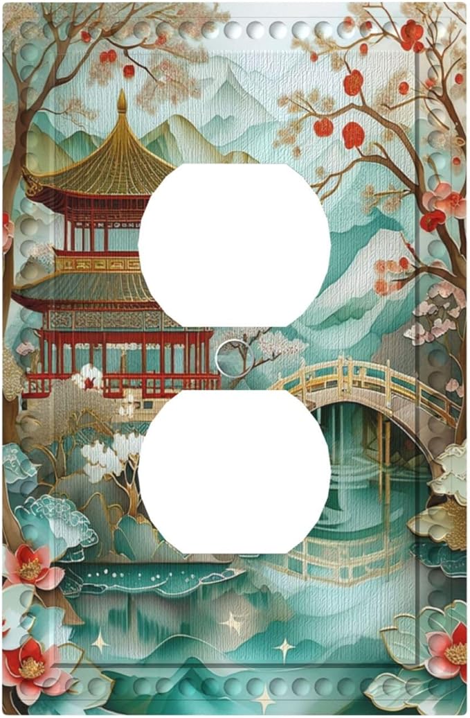Asian Palace Traditional Bridge Cherry Blossoms Light Switch Cover 1 Gang Outlet Plate Single Duplex Wall Plate Covers Decorative Switchplate Covers Electrical Faceplate for Home Decor