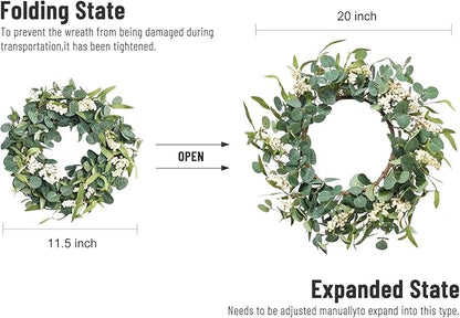 Pinkpum 20'' Eucalyptus Wreath for Front Door, Porch, Window - Green Decor for Home, Farmhouse - Spring, Summer, Fall, All Seasons