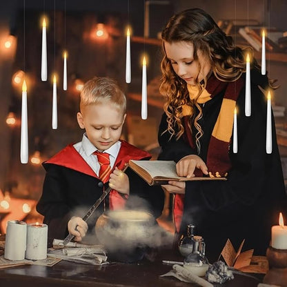Flameless Floating Candles with Wand，12 Pcs Magic LED Hanging Taper Candles，Flickering Battery Operated Taper Candle with Wand Remote for Halloween Decorations Best Gift（White）