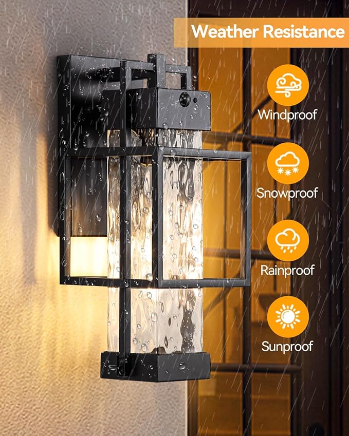 Outdoor Motion Sensor Lights 2 Pack, Dusk to Dawn Outdoor Lighting Exterior Lighting Fixtures with Water Glass, Waterproof Sconce Wall Mount for House Porch Patio Garage, Bulb Included
