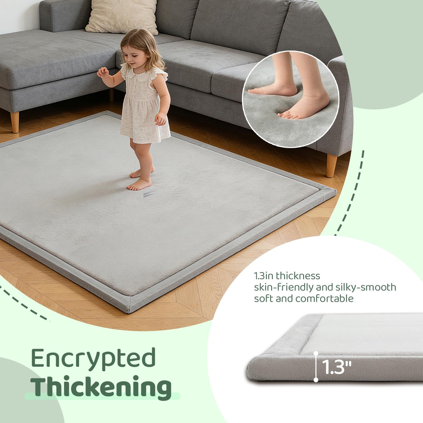 TreeBud Baby Play Mat for Floor, 1.3 Inch Thick Memory Foam Tummy Time Mats with Non Slip Backing, Soft Coral Velvet 50×50 Inch Playpen Mat Crawling Tatami for Infants Toddlers Kids, Light Grey