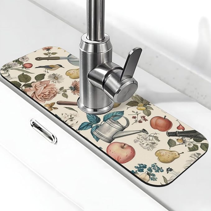 Faucet Draining Mat For Kitchen Sink, Roses Daisies Fruits Garden Diatom Mud