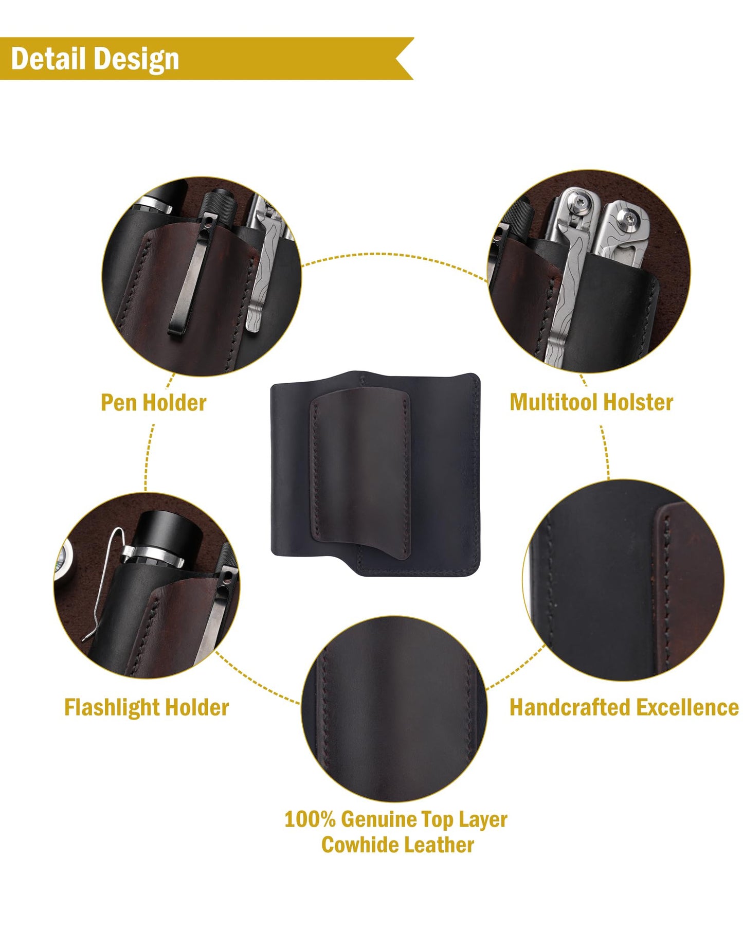 VIPERAED PJ38 Leather Multitool Sheath for Men, 4-in-1 Utility Leather Holster, EDC Pocket Organizer for Pocket Knife Multitool Flashlight and Pen