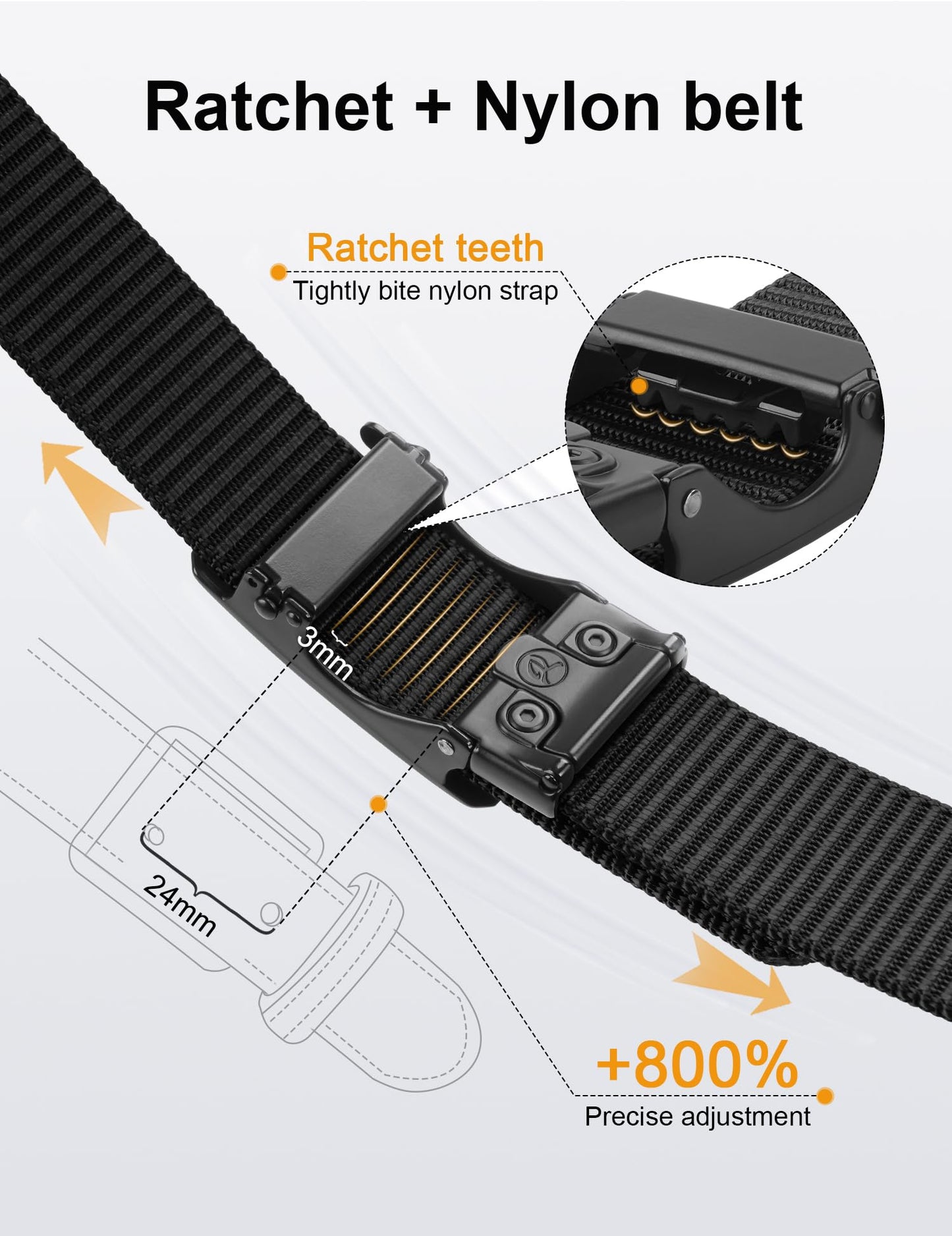 JUKMO Men's 1.5" Nylon Ratchet Belt, Casual Web Click Tactical Belt with Slide Buckle for Jeans, No Holes Adjustable Trim to Fit(Black,Small)