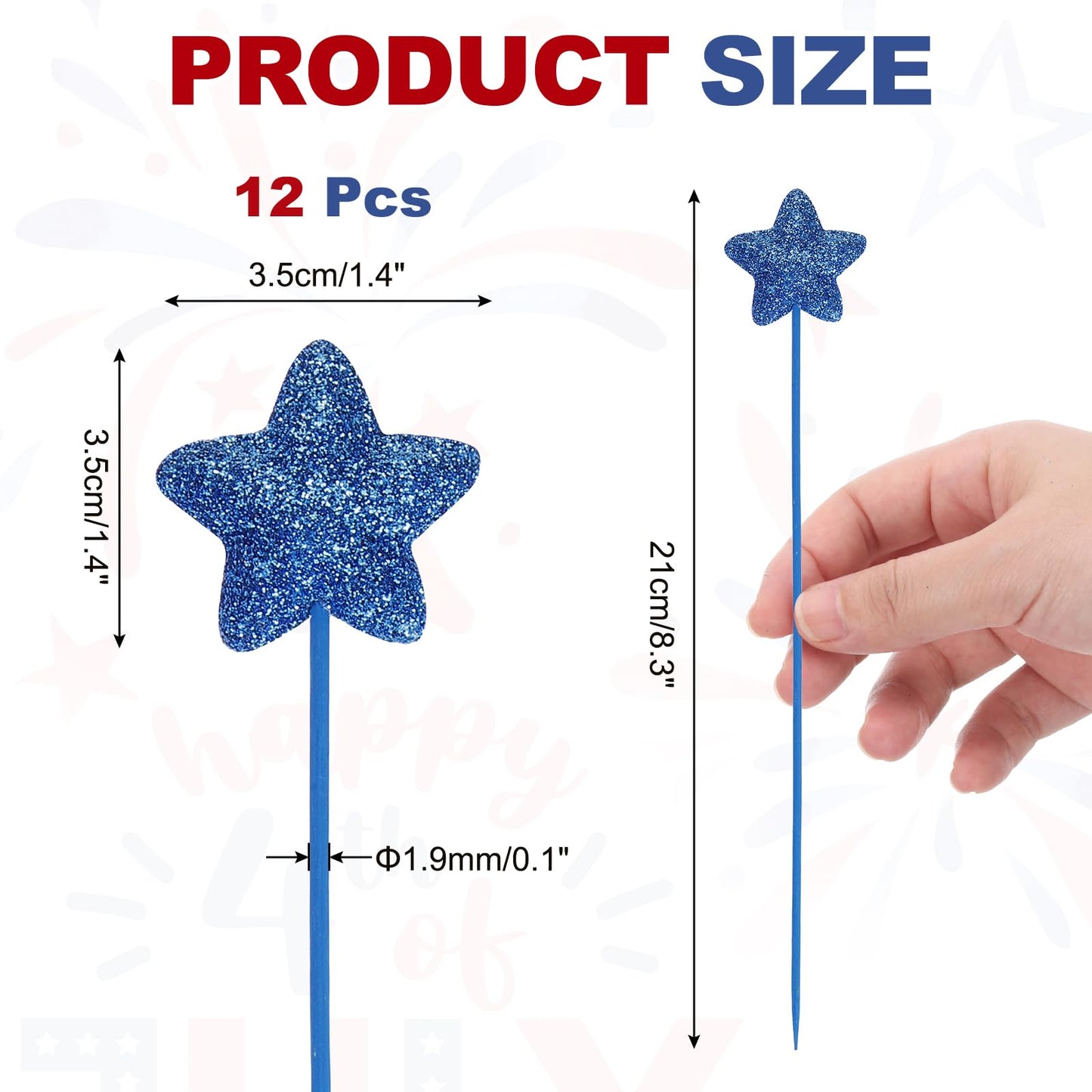 MECCANIXITY 12 Pcs 4th of July Glitter Star Picks 8" Puffy Foam Floral Sparkly Sticks for American Independence Day Memorial Day Party Crafts Supplies Decorations Patriotic Decor (Navy Blue)
