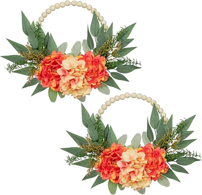 Spring Wreath 10" Artificial Floral Wood Bead Eucalyptus Leaves Peony Hydrangea Wreath for Front Door Boho Farmhouse Wall Decor 2 Pack - Orange