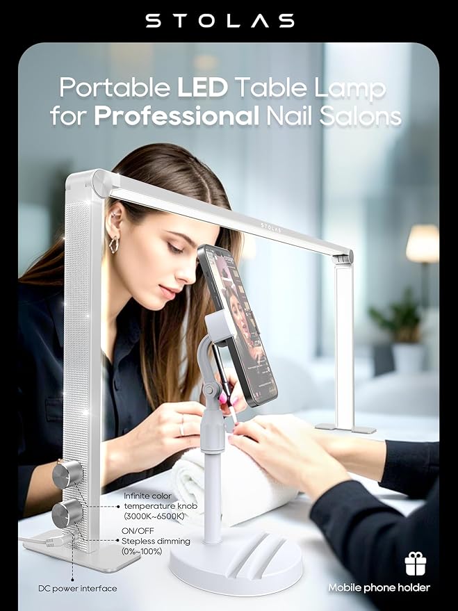 Upgraded Nail Tech Lamp for Desk, 32 in Foldable Large Nail Light with Phone Holder, 3000K-6000K CRI＞95 LED Manicure Lamp, Half Moon Light for Lash Eyelash Extension, Tattoo, Eyebrows-Diamond White