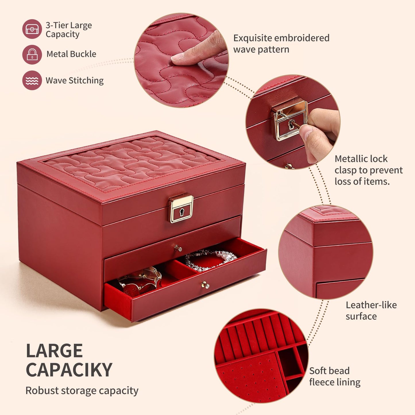 Greenfeather Jewelry Boxes for Women, Jewelry Organizer Box with Lid 3 Layers for Necklaces Rings Earrings and Bracelets Box to Store Jewelry Red Ideal Gifts