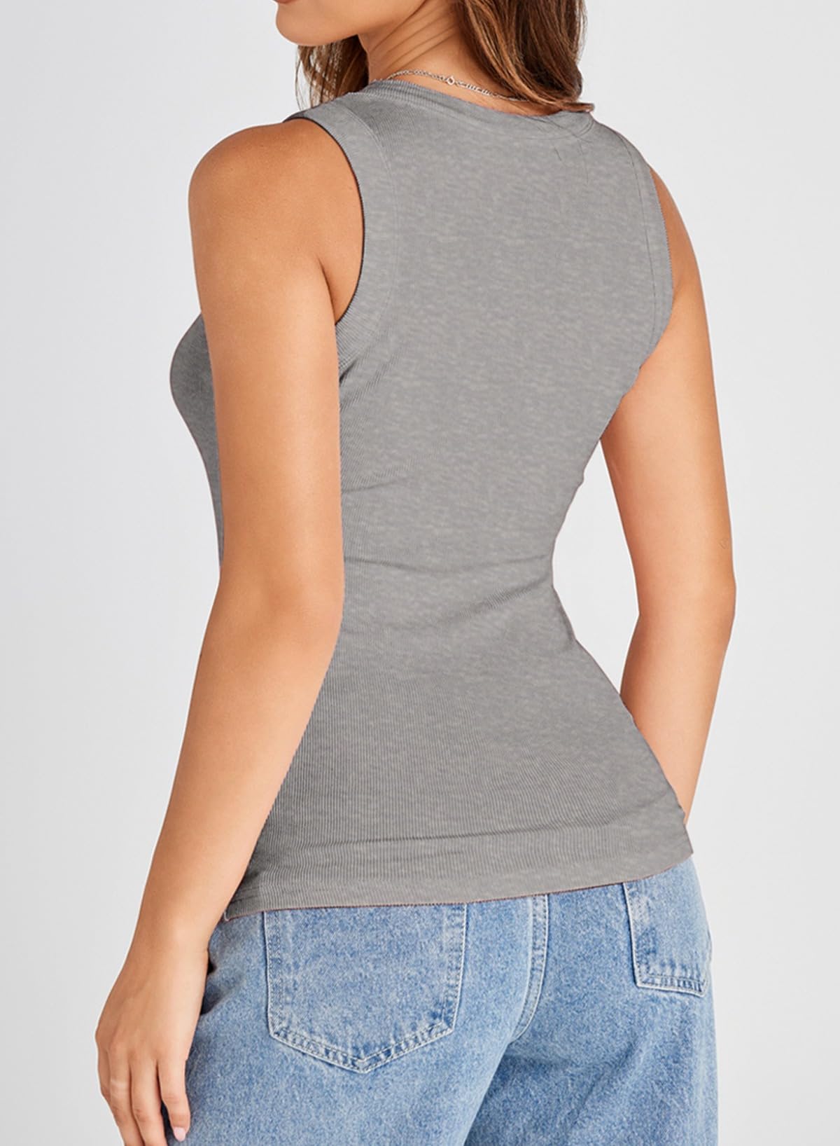 Dokotoo Womens Ladies Basic Ribbed Thick Strap Low Cut Solid Color Tight Slimming Fitted Sleeveless Shirts Sports Workout Long Tank Tops Activewear Tops Gray M