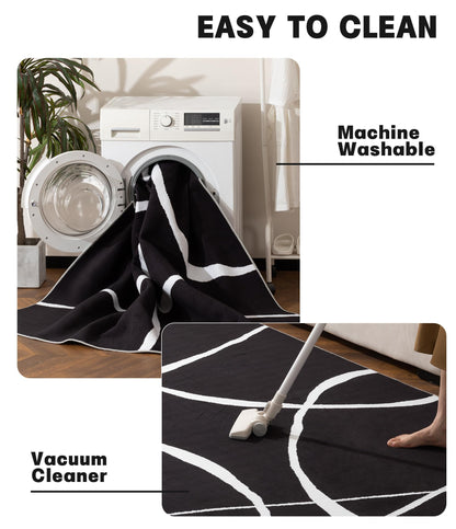 YIHOUSE Modern Washable Area Rug for Living Room Bedroom - Large Abstract Black and White Rug Non-Slip Ultra-Thin Home Decor (Dark Curve, 5'x7'ft)