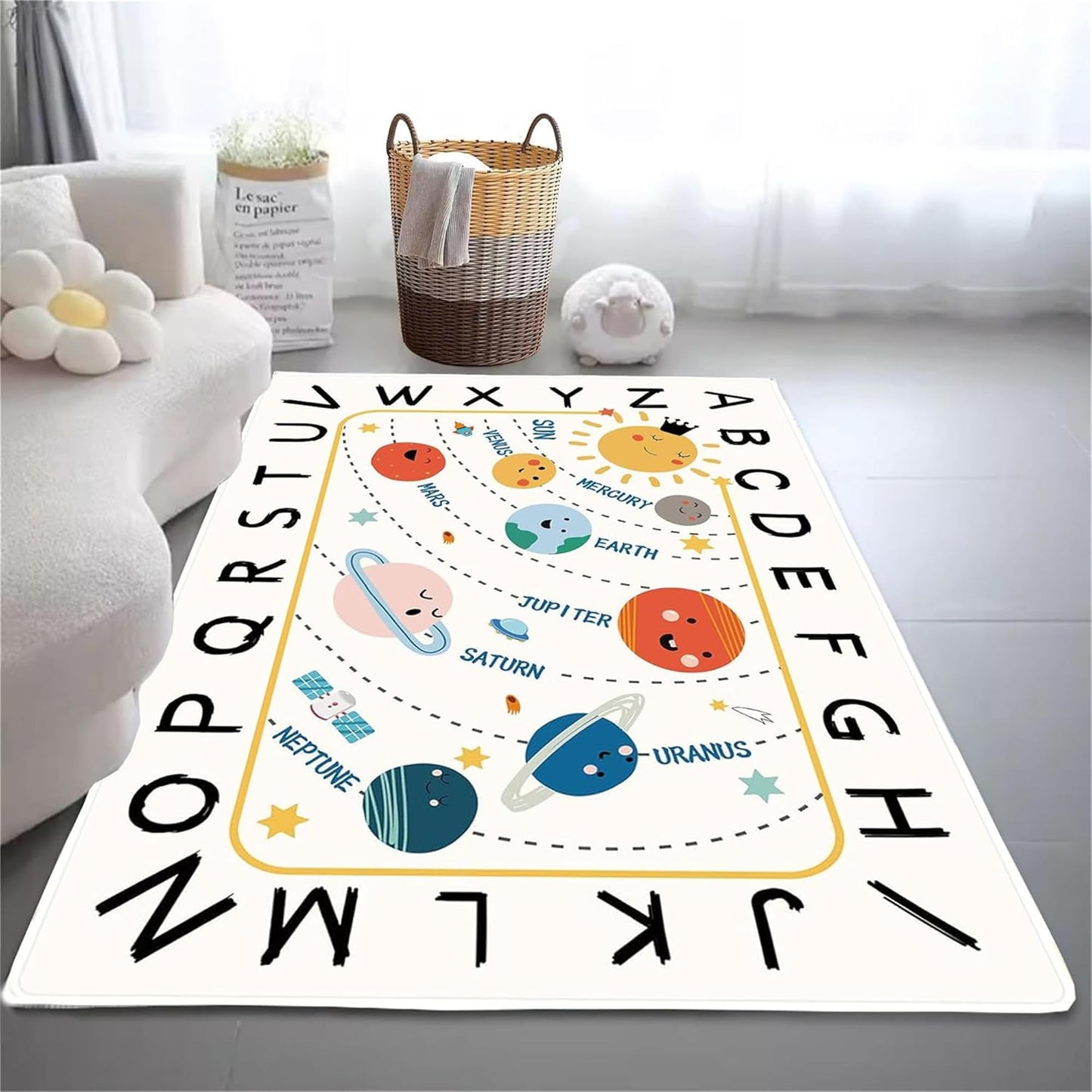 Apioiqa Solar System Kids Rug, Alphabet and Planet Carpet for Playroom 4x6, Children's Educational Play Mat ABC Rugs, Outer Space Play Rug