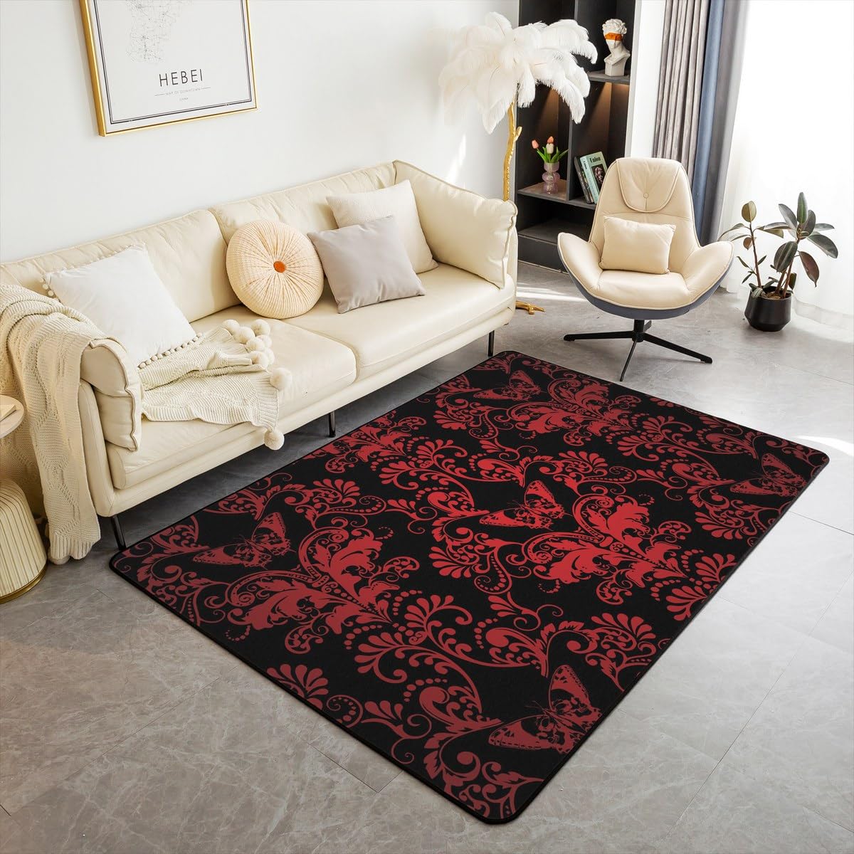 Erosebridal Red Ombre Damask Indoor Floor Mat for Adult Girls Women Gothic Victorian Style Area Rug Medallion Design Carpet Bohemian Exotic Decorative Accent Rug for Bedside Classroom,5x7