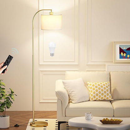 Arc Floor Lamp with Remote and Stepless Dimmable Bulb, Colors Temperature & Brightness Adjustable, Floor Lamps for Living Room（White Shade & Gold Pole）