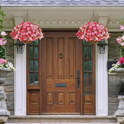 Florielle Artificial Hanging Faux Flowers Basket, Fake Silk Petunias Plants Arrangement,for Spring Summer Outdoor Decoration,UV Resistant, Morning Glorias,for Home Garden Decor (Dark Pink&White)