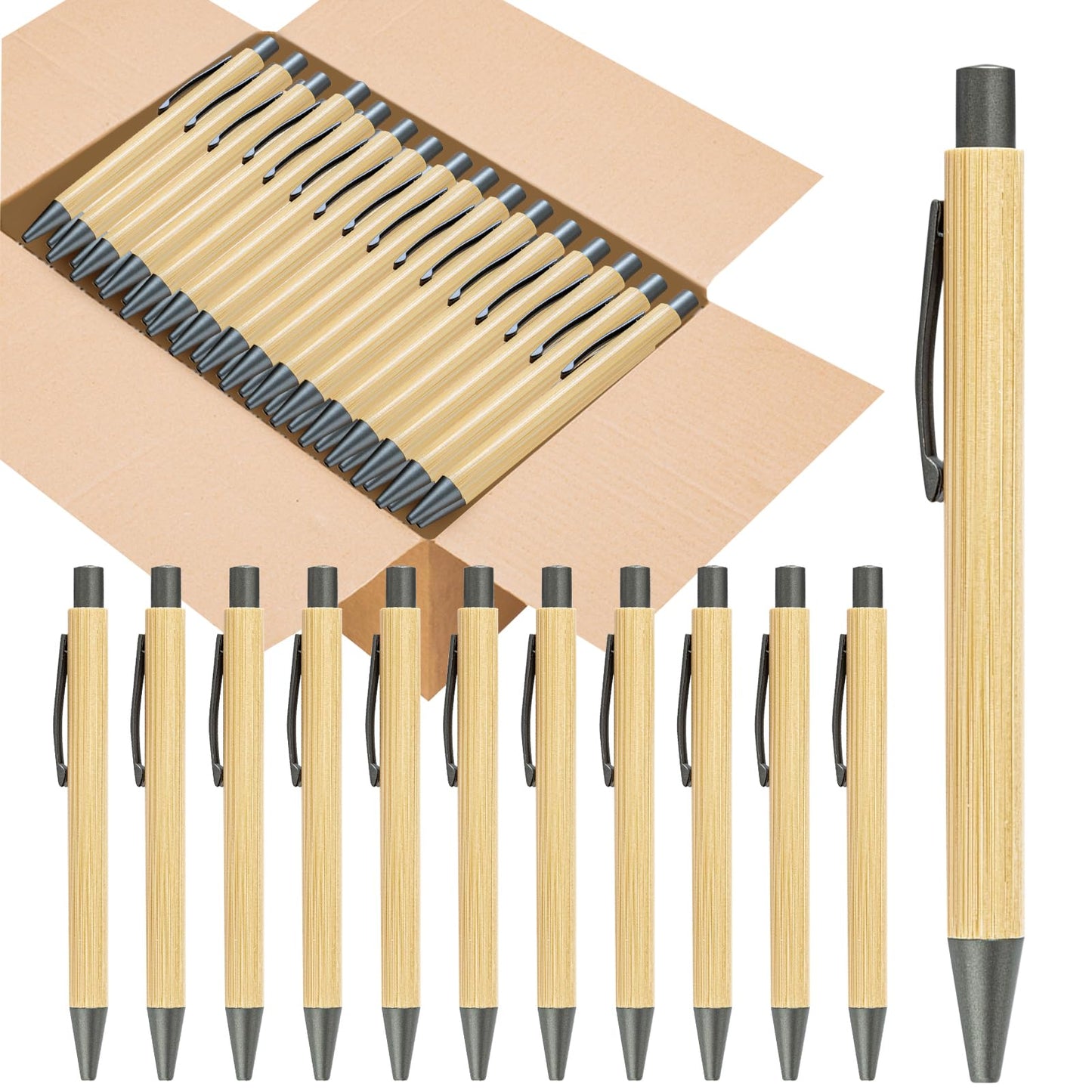 lyforx 100pcs Bamboo Pens Bulk Wooden Bamboo Pens Engraving Wooden Ballpoint Pen Customizable Gift Pen Bulk