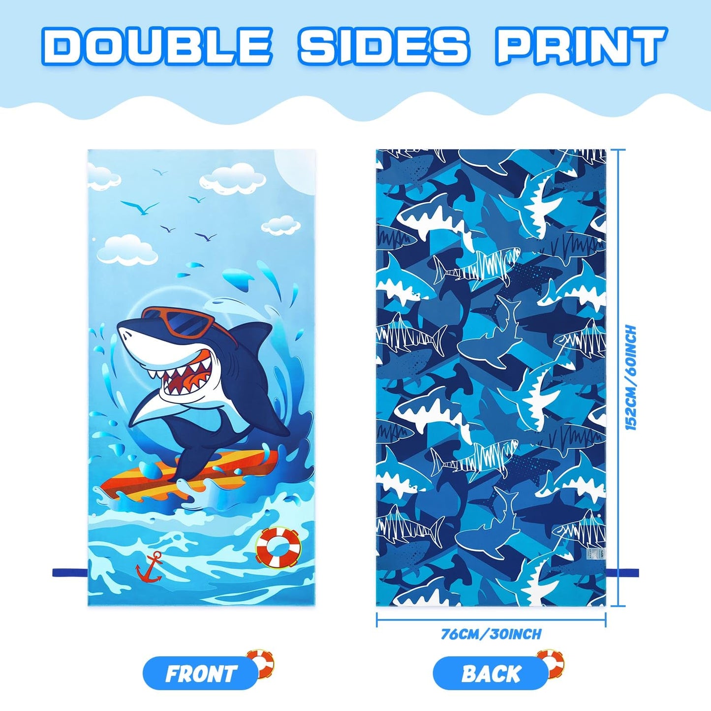 WERNNSAI Shark Kids Beach Towel for Boys, 30”x 60” Microfiber Double-Sided Beach Towel for Kids Quick Dry Sand Free Pool Towel Personalized Toddler Beach Towel Travel Swim Camping Towel